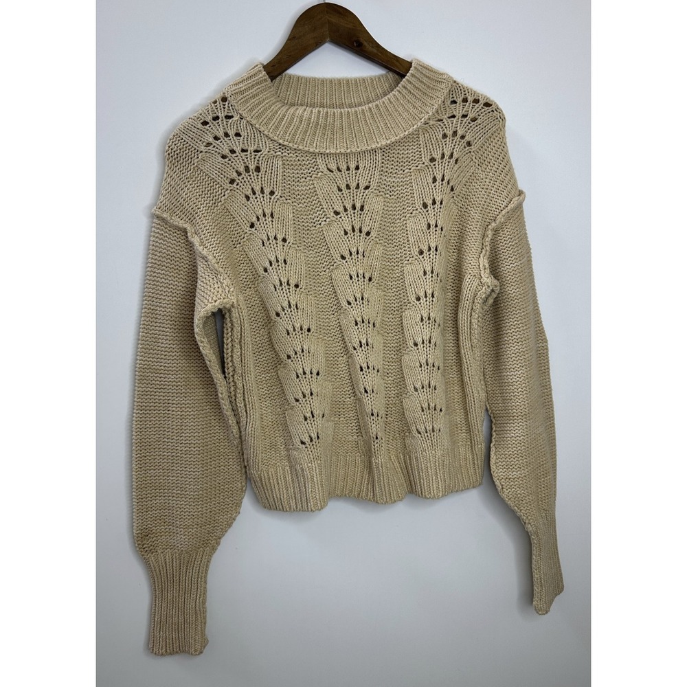 Free People Cropped Pullover Sweater Bell Song Crew Neck Open Knit Tan Small - Picture 15 of 15